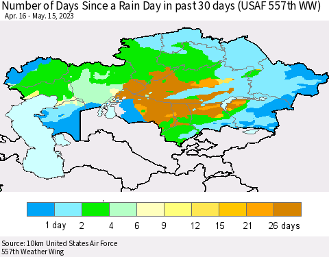 Kazakhstan Number of Days Since a Rain Day in past 30 days (USAF 557th WW) Thematic Map For 5/11/2023 - 5/15/2023
