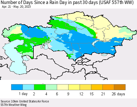 Kazakhstan Number of Days Since a Rain Day in past 30 days (USAF 557th WW) Thematic Map For 5/16/2023 - 5/20/2023
