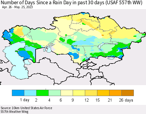 Kazakhstan Number of Days Since a Rain Day in past 30 days (USAF 557th WW) Thematic Map For 5/21/2023 - 5/25/2023