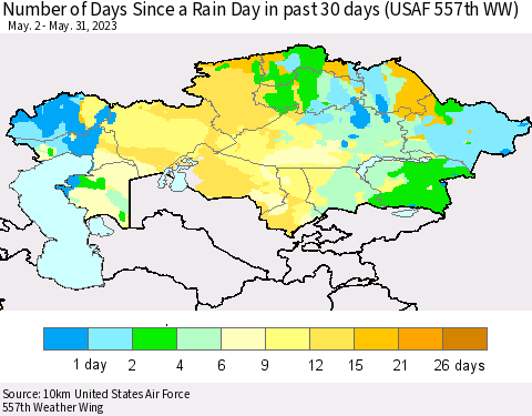 Kazakhstan Number of Days Since a Rain Day in past 30 days (USAF 557th WW) Thematic Map For 5/26/2023 - 5/31/2023