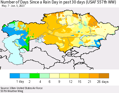 Kazakhstan Number of Days Since a Rain Day in past 30 days (USAF 557th WW) Thematic Map For 6/1/2023 - 6/5/2023