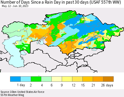 Kazakhstan Number of Days Since a Rain Day in past 30 days (USAF 557th WW) Thematic Map For 6/6/2023 - 6/10/2023