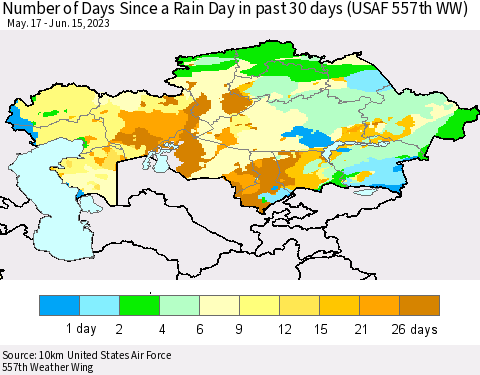 Kazakhstan Number of Days Since a Rain Day in past 30 days (USAF 557th WW) Thematic Map For 6/11/2023 - 6/15/2023