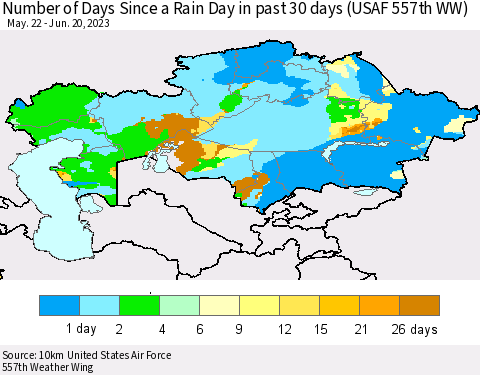 Kazakhstan Number of Days Since a Rain Day in past 30 days (USAF 557th WW) Thematic Map For 6/16/2023 - 6/20/2023