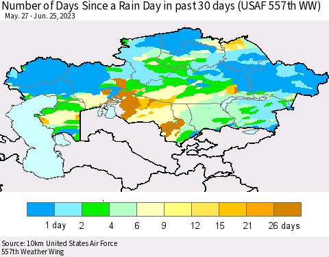 Kazakhstan Number of Days Since a Rain Day in past 30 days (USAF 557th WW) Thematic Map For 6/21/2023 - 6/25/2023