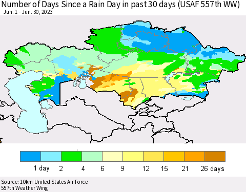 Kazakhstan Number of Days Since a Rain Day in past 30 days (USAF 557th WW) Thematic Map For 6/26/2023 - 6/30/2023