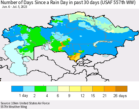 Kazakhstan Number of Days Since a Rain Day in past 30 days (USAF 557th WW) Thematic Map For 7/1/2023 - 7/5/2023