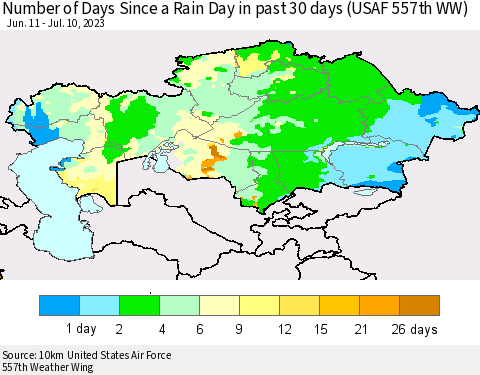Kazakhstan Number of Days Since a Rain Day in past 30 days (USAF 557th WW) Thematic Map For 7/6/2023 - 7/10/2023