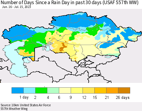 Kazakhstan Number of Days Since a Rain Day in past 30 days (USAF 557th WW) Thematic Map For 7/11/2023 - 7/15/2023
