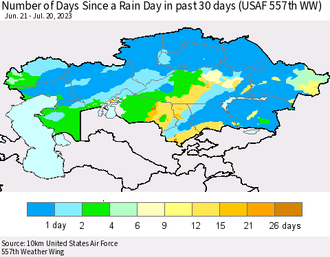 Kazakhstan Number of Days Since a Rain Day in past 30 days (USAF 557th WW) Thematic Map For 7/16/2023 - 7/20/2023