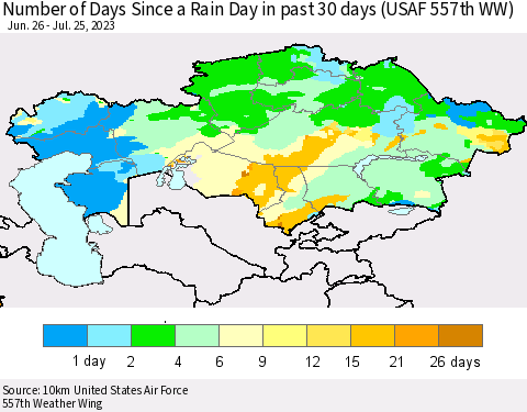 Kazakhstan Number of Days Since a Rain Day in past 30 days (USAF 557th WW) Thematic Map For 7/21/2023 - 7/25/2023