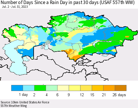Kazakhstan Number of Days Since a Rain Day in past 30 days (USAF 557th WW) Thematic Map For 7/26/2023 - 7/31/2023