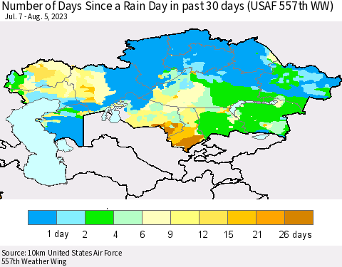 Kazakhstan Number of Days Since a Rain Day in past 30 days (USAF 557th WW) Thematic Map For 8/1/2023 - 8/5/2023