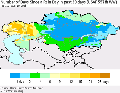 Kazakhstan Number of Days Since a Rain Day in past 30 days (USAF 557th WW) Thematic Map For 8/6/2023 - 8/10/2023