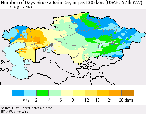 Kazakhstan Number of Days Since a Rain Day in past 30 days (USAF 557th WW) Thematic Map For 8/11/2023 - 8/15/2023