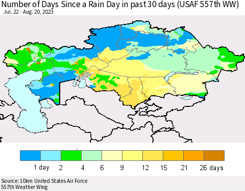 Kazakhstan Number of Days Since a Rain Day in past 30 days (USAF 557th WW) Thematic Map For 8/16/2023 - 8/20/2023