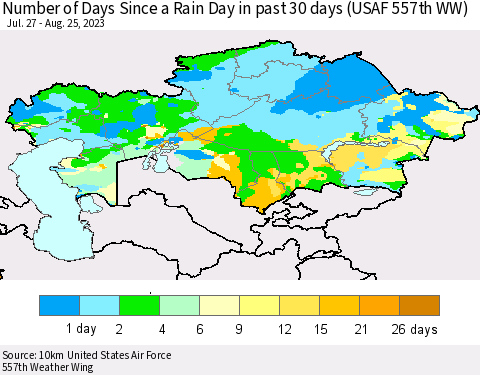 Kazakhstan Number of Days Since a Rain Day in past 30 days (USAF 557th WW) Thematic Map For 8/21/2023 - 8/25/2023