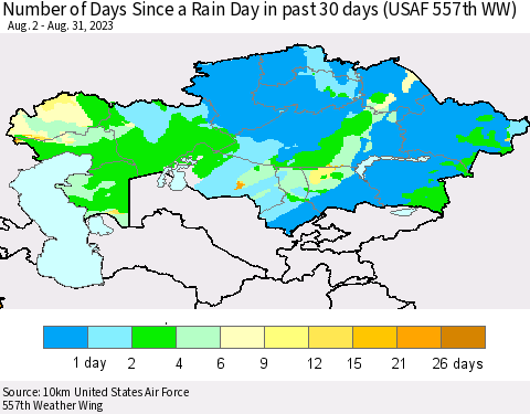 Kazakhstan Number of Days Since a Rain Day in past 30 days (USAF 557th WW) Thematic Map For 8/26/2023 - 8/31/2023