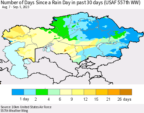 Kazakhstan Number of Days Since a Rain Day in past 30 days (USAF 557th WW) Thematic Map For 9/1/2023 - 9/5/2023