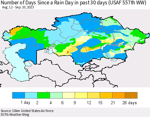 Kazakhstan Number of Days Since a Rain Day in past 30 days (USAF 557th WW) Thematic Map For 9/6/2023 - 9/10/2023