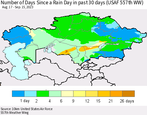 Kazakhstan Number of Days Since a Rain Day in past 30 days (USAF 557th WW) Thematic Map For 9/11/2023 - 9/15/2023