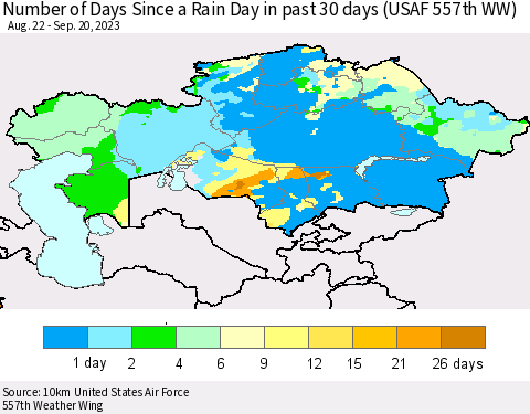 Kazakhstan Number of Days Since a Rain Day in past 30 days (USAF 557th WW) Thematic Map For 9/16/2023 - 9/20/2023