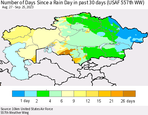 Kazakhstan Number of Days Since a Rain Day in past 30 days (USAF 557th WW) Thematic Map For 9/21/2023 - 9/25/2023