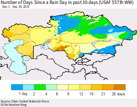 Kazakhstan Number of Days Since a Rain Day in past 30 days (USAF 557th WW) Thematic Map For 9/26/2023 - 9/30/2023