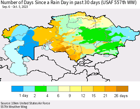 Kazakhstan Number of Days Since a Rain Day in past 30 days (USAF 557th WW) Thematic Map For 10/1/2023 - 10/5/2023