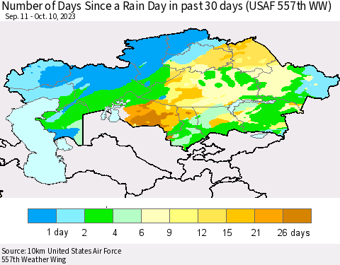 Kazakhstan Number of Days Since a Rain Day in past 30 days (USAF 557th WW) Thematic Map For 10/6/2023 - 10/10/2023