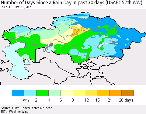 Kazakhstan Number of Days Since a Rain Day in past 30 days (USAF 557th WW) Thematic Map For 10/11/2023 - 10/15/2023