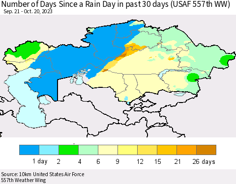 Kazakhstan Number of Days Since a Rain Day in past 30 days (USAF 557th WW) Thematic Map For 10/16/2023 - 10/20/2023