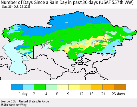 Kazakhstan Number of Days Since a Rain Day in past 30 days (USAF 557th WW) Thematic Map For 10/21/2023 - 10/25/2023