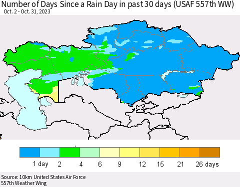 Kazakhstan Number of Days Since a Rain Day in past 30 days (USAF 557th WW) Thematic Map For 10/26/2023 - 10/31/2023