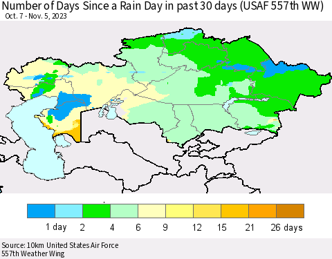 Kazakhstan Number of Days Since a Rain Day in past 30 days (USAF 557th WW) Thematic Map For 11/1/2023 - 11/5/2023