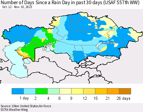 Kazakhstan Number of Days Since a Rain Day in past 30 days (USAF 557th WW) Thematic Map For 11/6/2023 - 11/10/2023