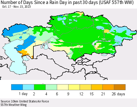 Kazakhstan Number of Days Since a Rain Day in past 30 days (USAF 557th WW) Thematic Map For 11/11/2023 - 11/15/2023