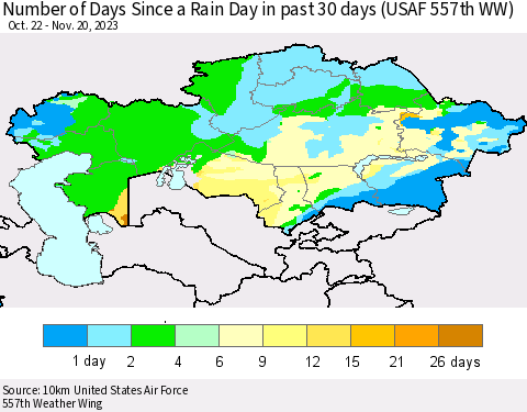 Kazakhstan Number of Days Since a Rain Day in past 30 days (USAF 557th WW) Thematic Map For 11/16/2023 - 11/20/2023