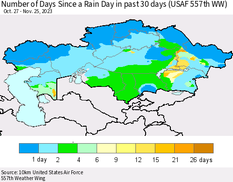 Kazakhstan Number of Days Since a Rain Day in past 30 days (USAF 557th WW) Thematic Map For 11/21/2023 - 11/25/2023