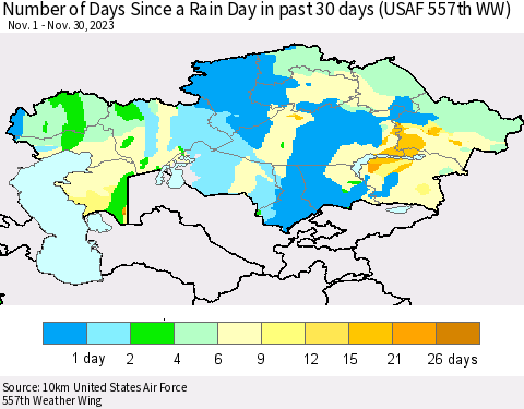 Kazakhstan Number of Days Since a Rain Day in past 30 days (USAF 557th WW) Thematic Map For 11/26/2023 - 11/30/2023