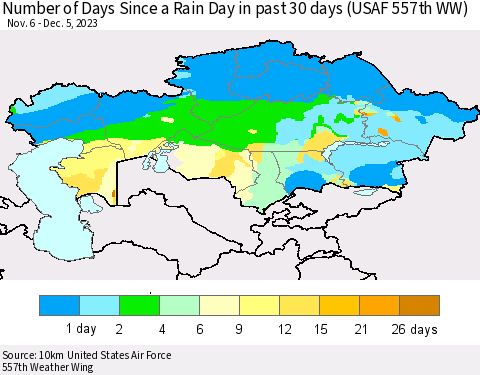 Kazakhstan Number of Days Since a Rain Day in past 30 days (USAF 557th WW) Thematic Map For 12/1/2023 - 12/5/2023