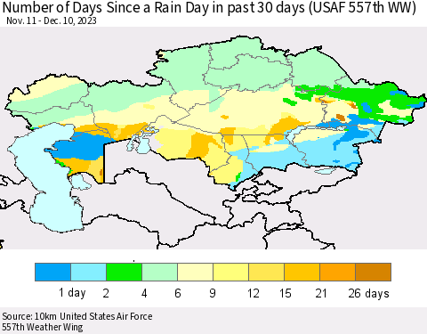 Kazakhstan Number of Days Since a Rain Day in past 30 days (USAF 557th WW) Thematic Map For 12/6/2023 - 12/10/2023