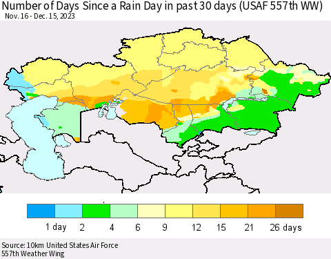 Kazakhstan Number of Days Since a Rain Day in past 30 days (USAF 557th WW) Thematic Map For 12/11/2023 - 12/15/2023