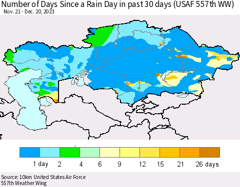 Kazakhstan Number of Days Since a Rain Day in past 30 days (USAF 557th WW) Thematic Map For 12/16/2023 - 12/20/2023