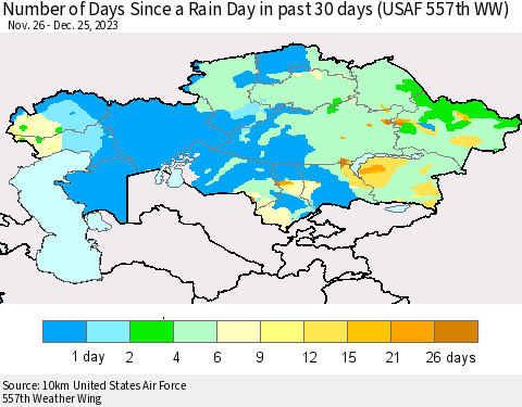 Kazakhstan Number of Days Since a Rain Day in past 30 days (USAF 557th WW) Thematic Map For 12/21/2023 - 12/25/2023