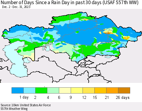 Kazakhstan Number of Days Since a Rain Day in past 30 days (USAF 557th WW) Thematic Map For 12/26/2023 - 12/31/2023