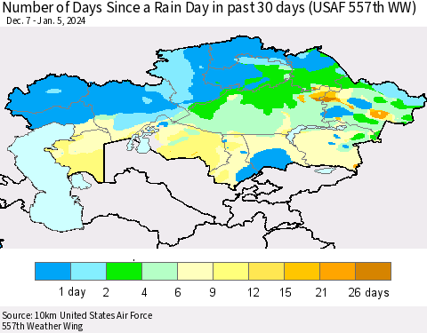 Kazakhstan Number of Days Since a Rain Day in past 30 days (USAF 557th WW) Thematic Map For 1/1/2024 - 1/5/2024