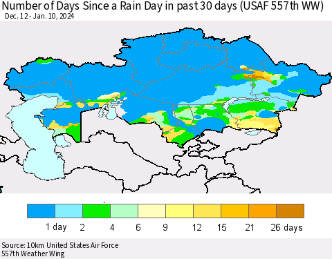 Kazakhstan Number of Days Since a Rain Day in past 30 days (USAF 557th WW) Thematic Map For 1/6/2024 - 1/10/2024