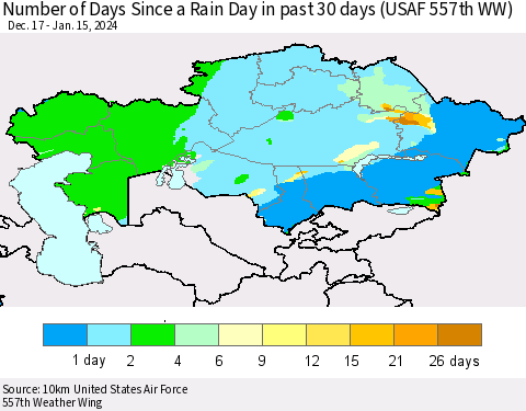 Kazakhstan Number of Days Since a Rain Day in past 30 days (USAF 557th WW) Thematic Map For 1/11/2024 - 1/15/2024