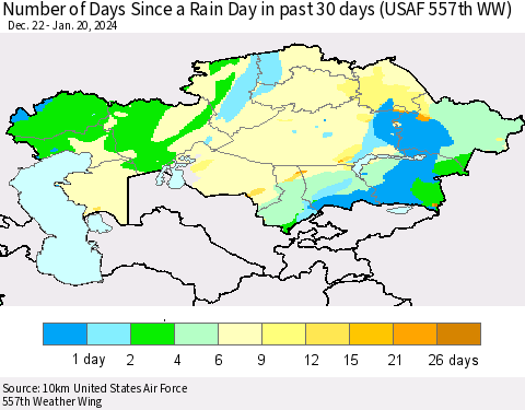 Kazakhstan Number of Days Since a Rain Day in past 30 days (USAF 557th WW) Thematic Map For 1/16/2024 - 1/20/2024